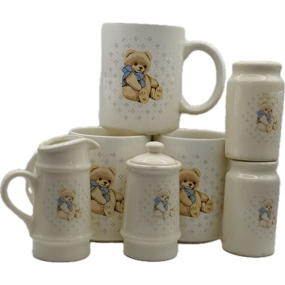 Vintage teddy bear coffee set with stand, missing one cup - Picture 1 of 12